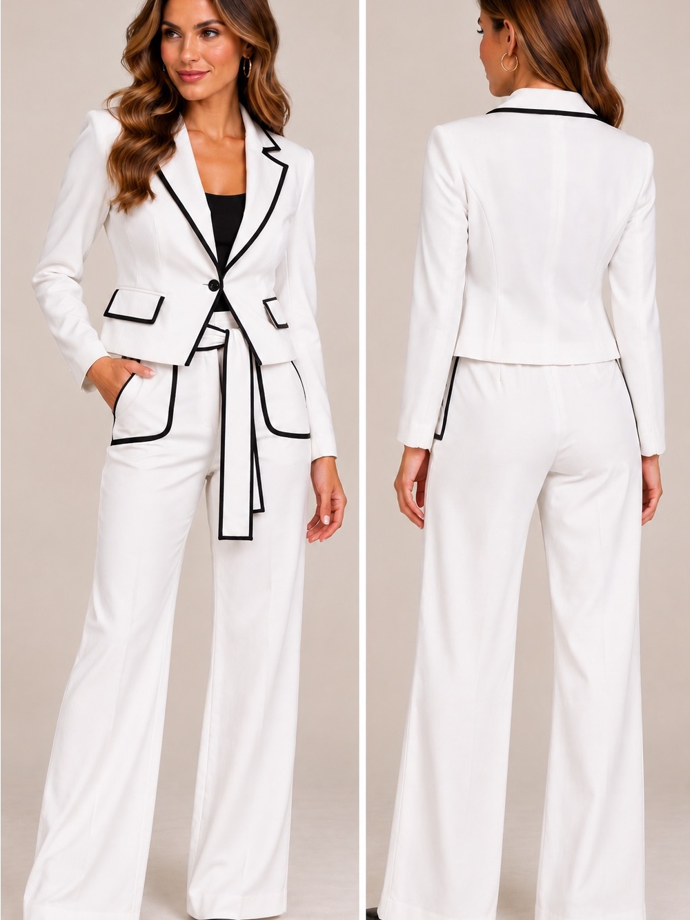 White Pant Suit with Black Contrast Trim